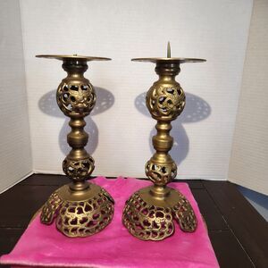 Pair Andrea By Sadek Vintage Brass Pillar Candle Holders with Ornate Filigree
